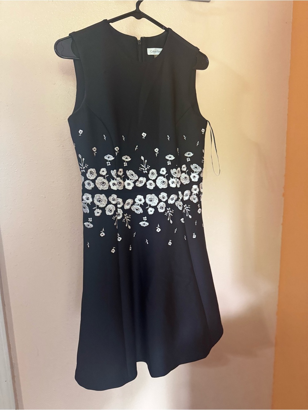 Calvin Klein Black Mini Dress with White Floral Embroidery